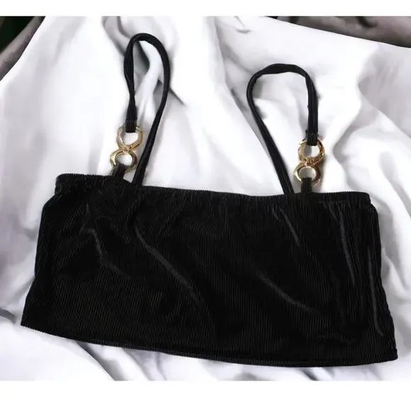 Boohoo Black Ribbed Velour Spaghetti Straps Bandeau Crop Top ~ size 8, Pre-loved - Picture 1 of 10